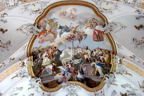 Ceiling fresco featuring Ottobeuren building at Ottobeuren Abbey. Ottobeuren, Germany.