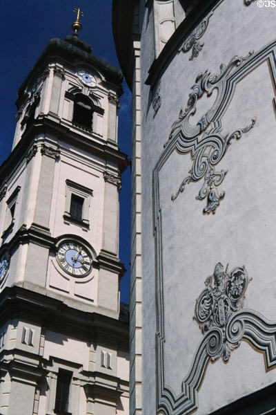 Clock tower at Ottobeuren Abbey. Ottobeuren, Germany.