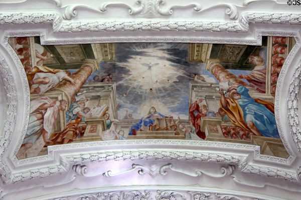 Ornate plasterwork & Baroque painting on ceiling in St Benedict church at Benediktbeuern Abbey. Germany.