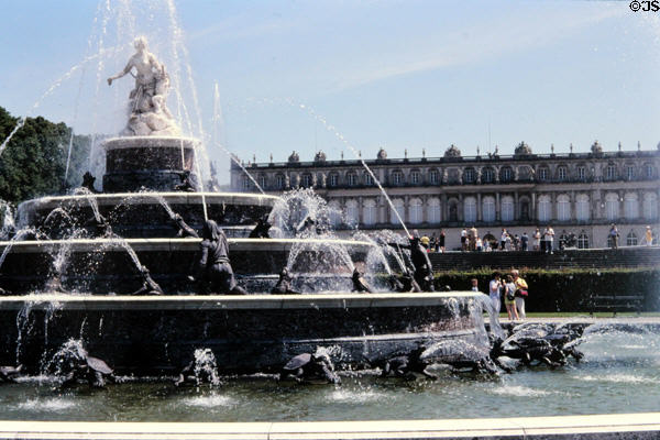 Fortuna fountain in front of Herrenchiemsee New Palace. Chiemsee, Germany.