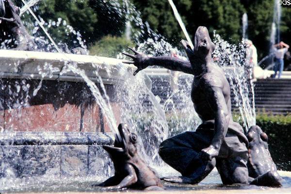 Carvings of frogs spitting water on fountain in front of Herrenchiemsee New Palace. Chiemsee, Germany.