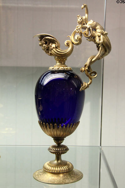 Brass & blue glass pitcher from washstand set (1868-69) in King Ludwig II's bedroom in his Munich residence at King Ludwig II Museum. Chiemsee, Germany.
