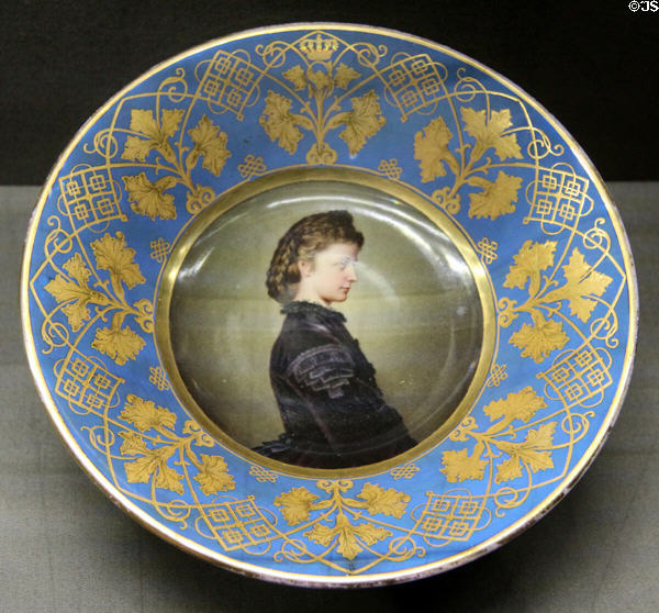 Bowl with portrait of Duchess Sophie Charlotte in Bavaria (1867) by Nymphenburg Porcelain at King Ludwig II Museum. Chiemsee, Germany.