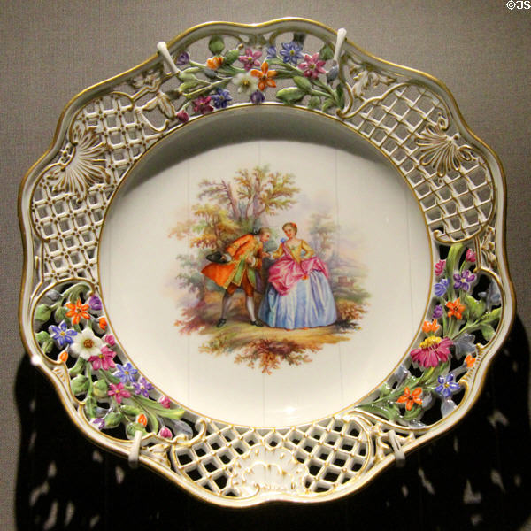 Dessert plate with courtly scene based on Möllendorf service (c1761-62), manufactured by Meissen (c1870-80) at King Ludwig II Museum. Chiemsee, Germany.
