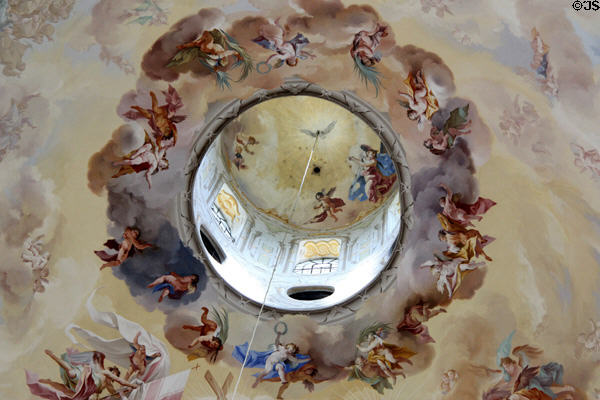 Detail of frescoes by Johann Jakob Zeiller on dome of Ettal Benedictine Abbey. Ettal village, Germany.