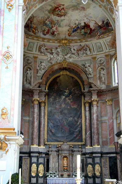 High altar with frescoes & Assumption of the Blessed Virgin painting (1786) by Martin Knoller at Ettal Benedictine Abbey. Ettal village, Germany.