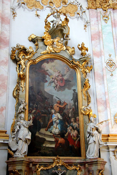 Baroque altar with painting of martyrdom of St Catherine of Alexandria at Ettal Benedictine Abbey. Ettal village, Germany.