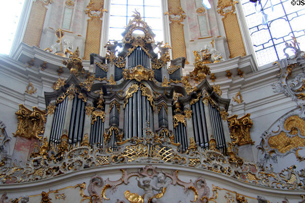 Baroque organ at Ettal Benedictine Abbey. Ettal village, Germany.