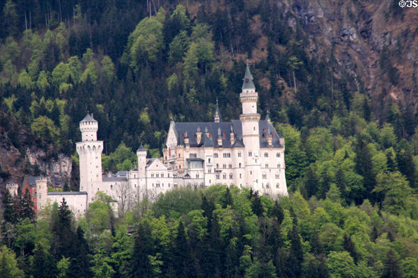 Neuschwanstein Castle (1886) built by Louis II, aka "mad king Ludwig" of Bavaria was incomplete when opened as a museum, after his death in 1886. Füssen, Germany. Style: Historicism, Romanesque Revival. Architect: Eduard Riedel, Georg van Dollman & Julius Hofmann.