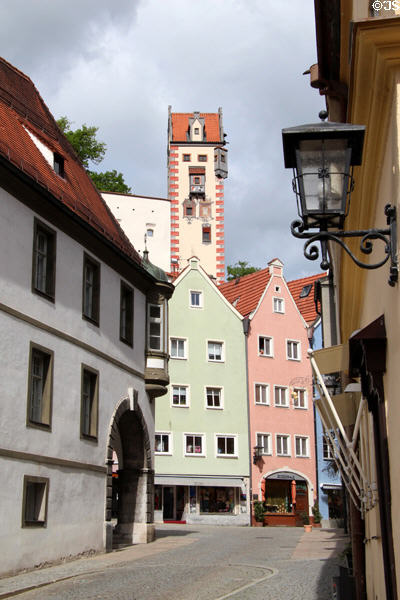 Typical Bavarian streetscape with tower. Füssen, Germany.