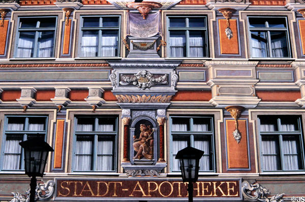 Ornate facade of Stadt-Apotheke (pharmacy) on Reichenstrasse 12. Füssen, Germany.