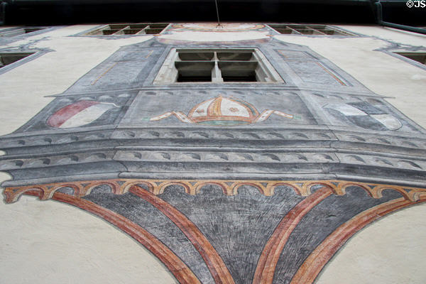 False oriel window with Bishop's symbol on building at Hohes Schloss zu Füssen. Füssen, Germany.