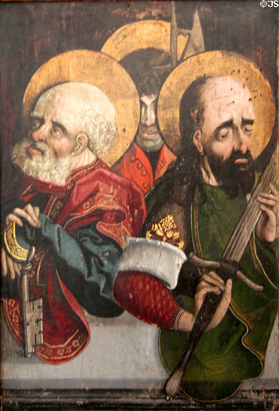 Sts. Peter, Paul & Matthias painting (c1480) by unknown Tyrolean artist, forming right panel of triptych altar in State Gallery at Hohes Schloss zu Füssen. Füssen, Germany.