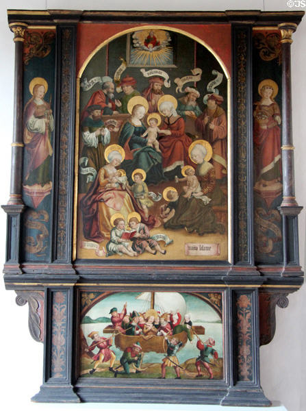 Altar piece with images of Holy Kinship or the extended Holy Family (c1520) by Algäuer Meister in State Gallery at Hohes Schloss zu Füssen. Füssen, Germany.