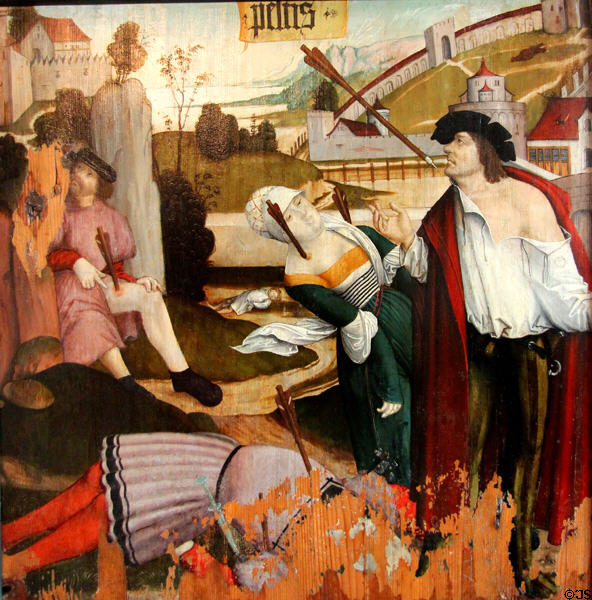 The Plague (Die Pest) (c1510) using Old Testament tradition in depicting disease as people struck by arrows in State Gallery at Hohes Schloss zu Füssen. Füssen, Germany.