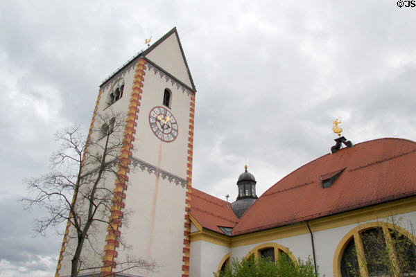 Clock tower & domed roof with finial at Basilica St Mang. Füssen, Germany.
