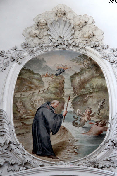 St Magnus of Füssen with monsters ceiling fresco from life of St Mang at Basilica St Mang. Füssen, Germany.