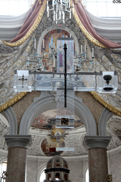 Transparent cross containing staff of St Mang at Basilica St Mang. Füssen, Germany.