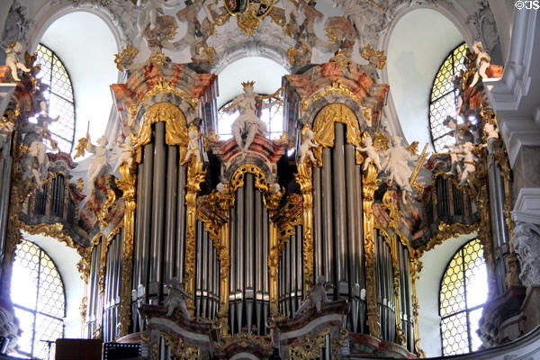 Baroque facade of organ (renovated 2012) at Basilica St Mang. Füssen, Germany.