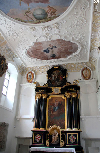 Ceiling frescoes (c1700) by Johann Jakob Herkomer & altar in St Anna's Chapel at the Museum of City of Füssen in Kloster St Mang. Füssen, Germany.