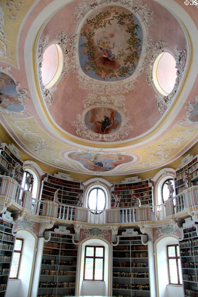 Baroque ceiling frescoes & balcony in monastery library at Museum of City of Füssen in Kloster St Mang. Füssen, Germany.