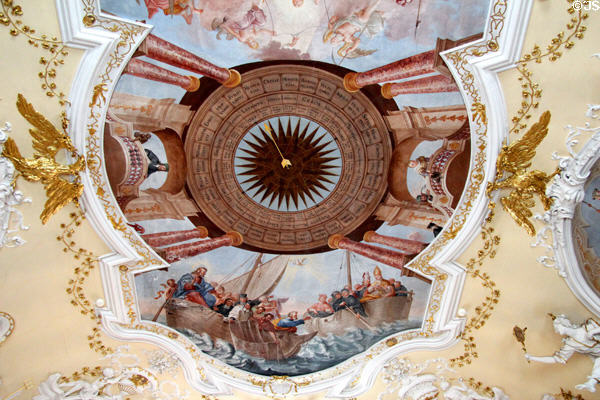 Ceiling fresco representing differences between Church & State in Imperial Hall at Museum of City of Füssen in Kloster St Mang. Füssen, Germany.