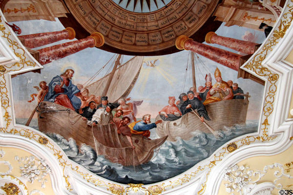 Ceiling fresco representing Church & State in Imperial Hall at Museum of City of Füssen in Kloster St Mang. Füssen, Germany.