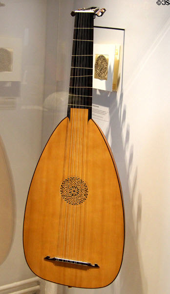 Renaissance era bass lute (c1600) signed on a printed piece of paper, Magno Stegher, at Museum of City of Füssen in Kloster St Mang. Füssen, Germany.