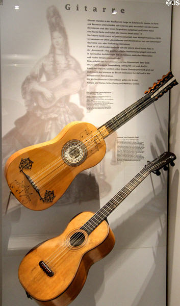 Antique guitars at Museum of City of Füssen in Kloster St Mang. Füssen, Germany.