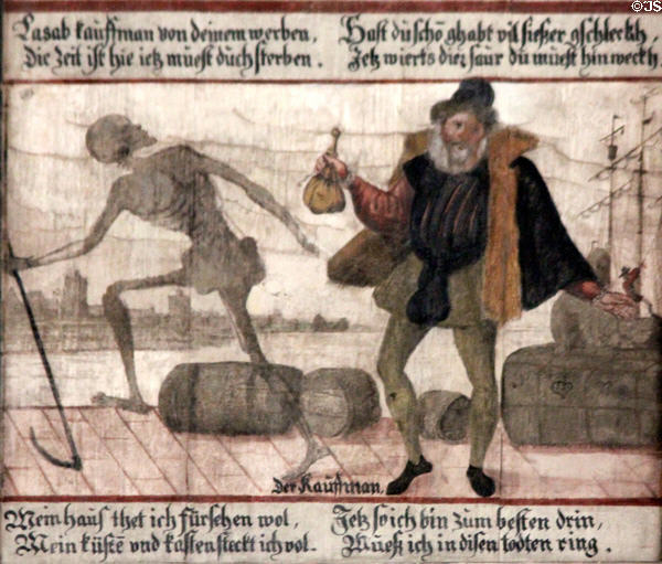 Merchant panel from Dance of Death series at Museum of City of Füssen. Füssen, Germany.