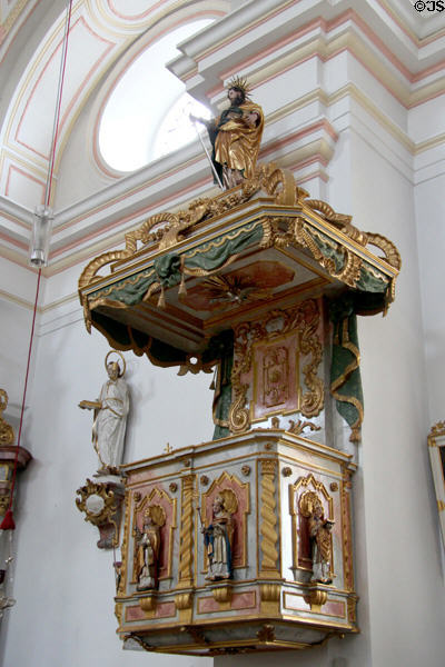 Carved & gilded wooden pulpit at St Aegidius parish church. Gmund am Tegernsee, Germany.