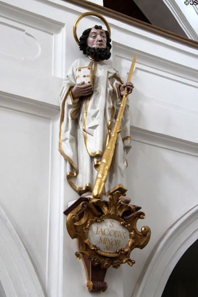 Statue of St James Minor, Apostle, holding one of his attributes, a fuller's club, with which he was martyred at St Aegidius parish church. Gmund am Tegernsee, Germany.