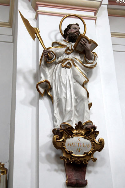 Statue of St Matthias, Apostle, with an axe at St Aegidius parish church. Gmund am Tegernsee, Germany.