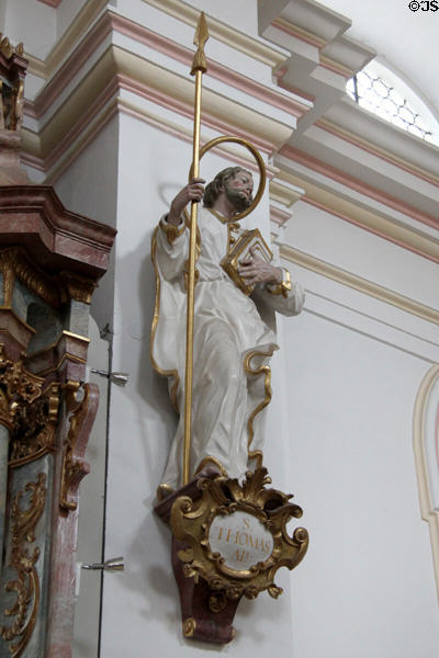 Statue of St Thomas, Apostle, with a pike at St Aegidius parish church. Gmund am Tegernsee, Germany.
