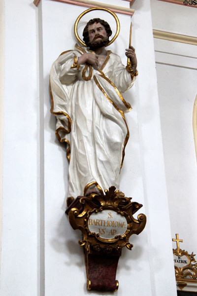 Statue of St Bartholomew, Apostle, with the knife with which he was flayed at St Aegidius parish church. Gmund am Tegernsee, Germany.