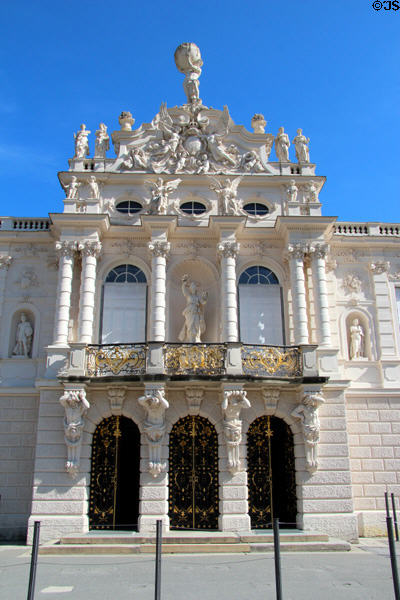 Carvings & ornate wrought iron & gilded work on front facade of Linderhof Castle. Ettal, Germany.