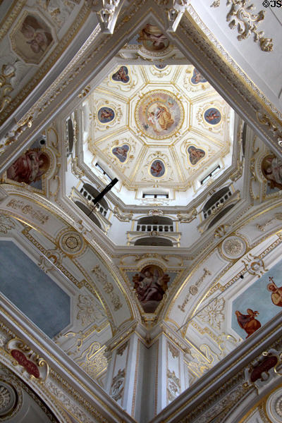 Baroque interior of dome on St Lorenz Basilica. Kempten, Germany.