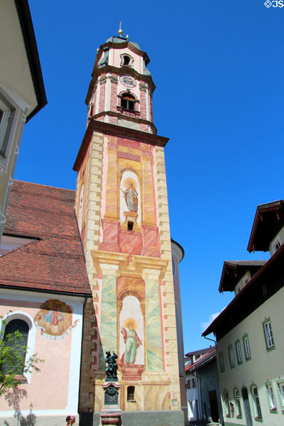Painted tower of Church of Sts Peter & Paul. Mittenwald, Germany.