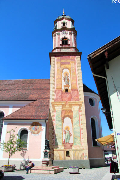 Painted tower of Church of Sts Peter & Paul. Mittenwald, Germany.