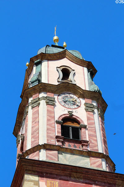 Clock tower (1746) of Church of Sts Peter & Paul. Mittenwald, Germany.