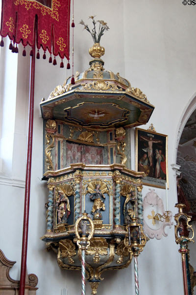 Pulpit of Church of Sts Peter & Paul. Mittenwald, Germany.