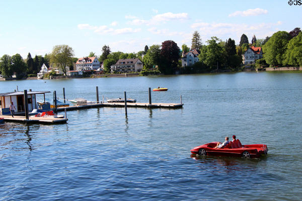 Pedal boat in shape of sports car on Lake Constance (aka Bodensee). Lindau im Bodensee, Germany.