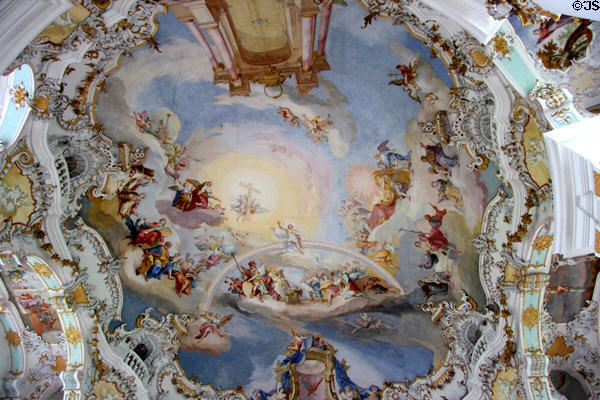 Baroque ceiling overview with Christ on rainbow at Wieskirche. Steingaden, Germany.