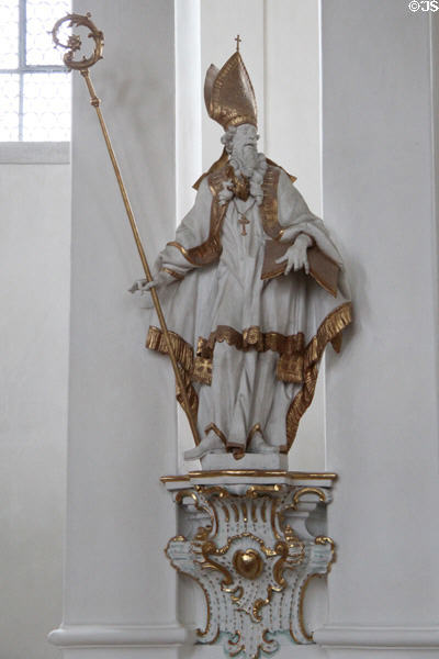 Statue of church father St Augustine with symbol flaming heart at Wieskirche. Steingaden, Germany.