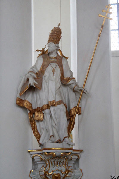 Statue of church father St Gregory the Great with symbol dove on shoulder at Wieskirche. Steingaden, Germany.