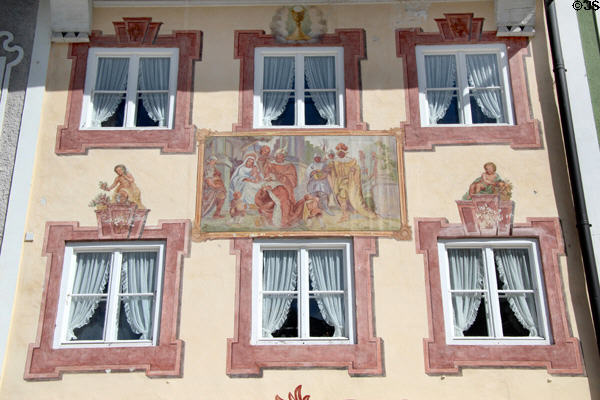 Nativity scene with three kings painted on Marktstraße building. Bad Tölz, Germany.