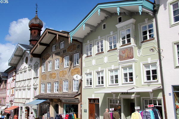 Roof overhangs shop fronts below on Marktstraße. Bad Tölz, Germany.