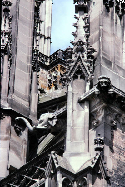 Elephant & lion gargoyles & tracery of Ulm Münster. Ulm, Germany.