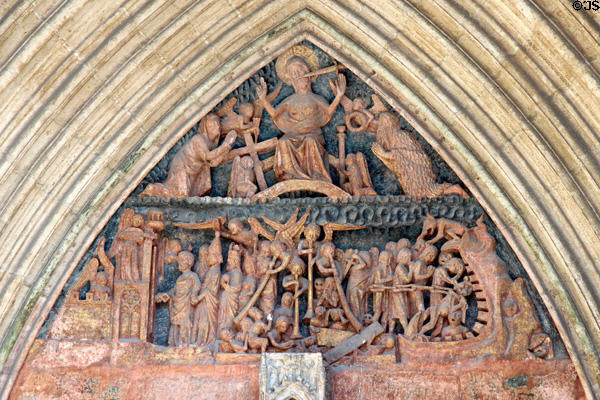Last Judgment stone carving above entrance to Ulm Münster. Ulm, Germany.