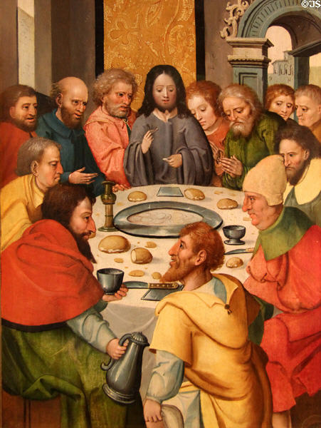 Breaking of bread at Last Supper (c1500) oil on wood panel painting by Westphalian Master at Museum of Bread and Art. Ulm, Germany.